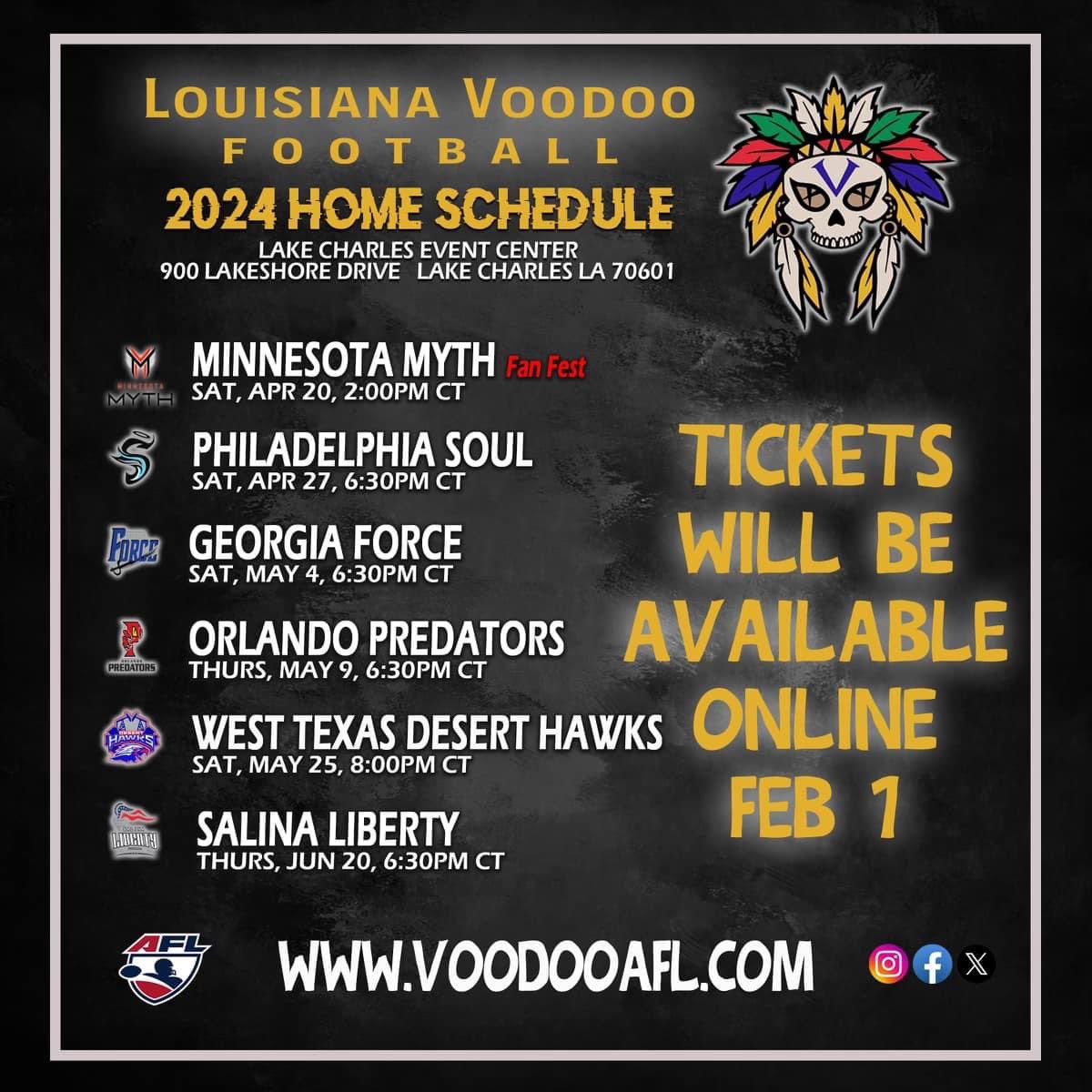 LouisianaAFL's tweet photo. We are excited to announce that a date has been set to purchase tickets for Louisiana Voodoo HOME games.  Starting February 1st, you will be able to purchase tickets on our website at https://t.co/KgvYYHVzGd.  
Website will be active and available to view by then. https://t.co/IZ8VkHHAaA