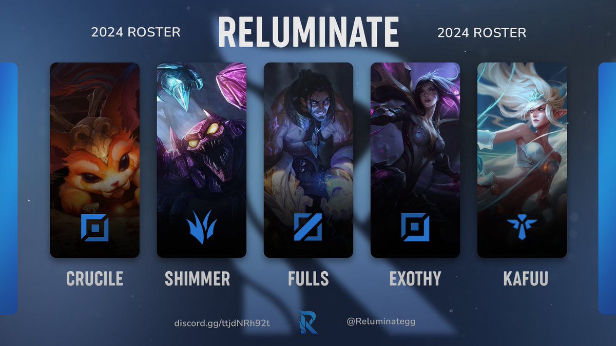 Reluminategg's tweet photo. It's that time😈Introducing our Spring 2024 #NACLOQ Roster! 
Top: @Crucile 
Jungle: @lolShimmer 
Mid: @Fullslol 
ADC: @ExothyLoL 
Support: @lolreborned

Subs:  @DNPDoctorPeter @Buwuffing
Head Coach: @inai04 
Team managers: @Pick3lwolf @FawnDont 

TIME TO COOK 🔥 | #RELWIN https://t.co/wbZZiwqJdS