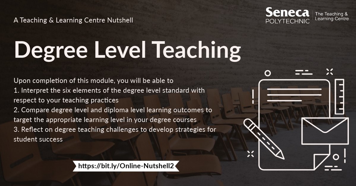 Seneca_TandL's tweet photo. What is the difference between teaching in a degree program vs a diploma program? How can you target a degree level of learning? How can you help students be successful in a degree program? Our Degree Level Teaching #TLCnutshell explores this. https://t.co/89B9HvlrIt https://t.co/kjiMePKBFo
