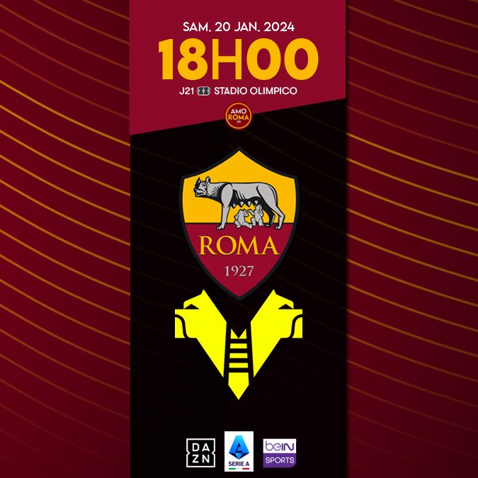 OddiStephane's tweet photo. 🔸 Série A 2023/24 – J21
⚽ AS Roma (9è-29pts) vs Verona (18è-17pts)
📅 Sam. 20 janvier 2024
⏲ 18h00
🏟️ Stadio Olimpico
😮💨 Arbitre : Sacchi
📺 FR @beinsports_FR
📺 IT @DAZN_IT
+ d'infos sur https://t.co/XeEtskTQUI
#asroma #romaverona #romver https://t.co/dZGNplKhFh