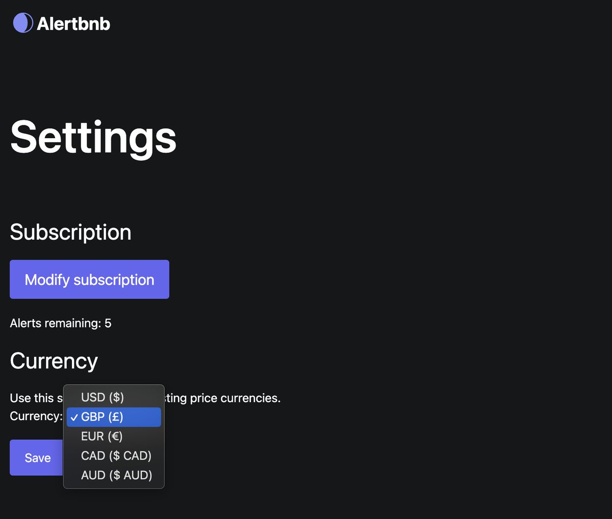 New <a href="/Alertbnb/">Alertbnb</a> feature implemented:
Currency support has been added for USD ($), EUR (€), CAD ($ CAD), and AUD ($ AUD).
You can now specify maximum costs, and display prices for alert listings in these currencies.