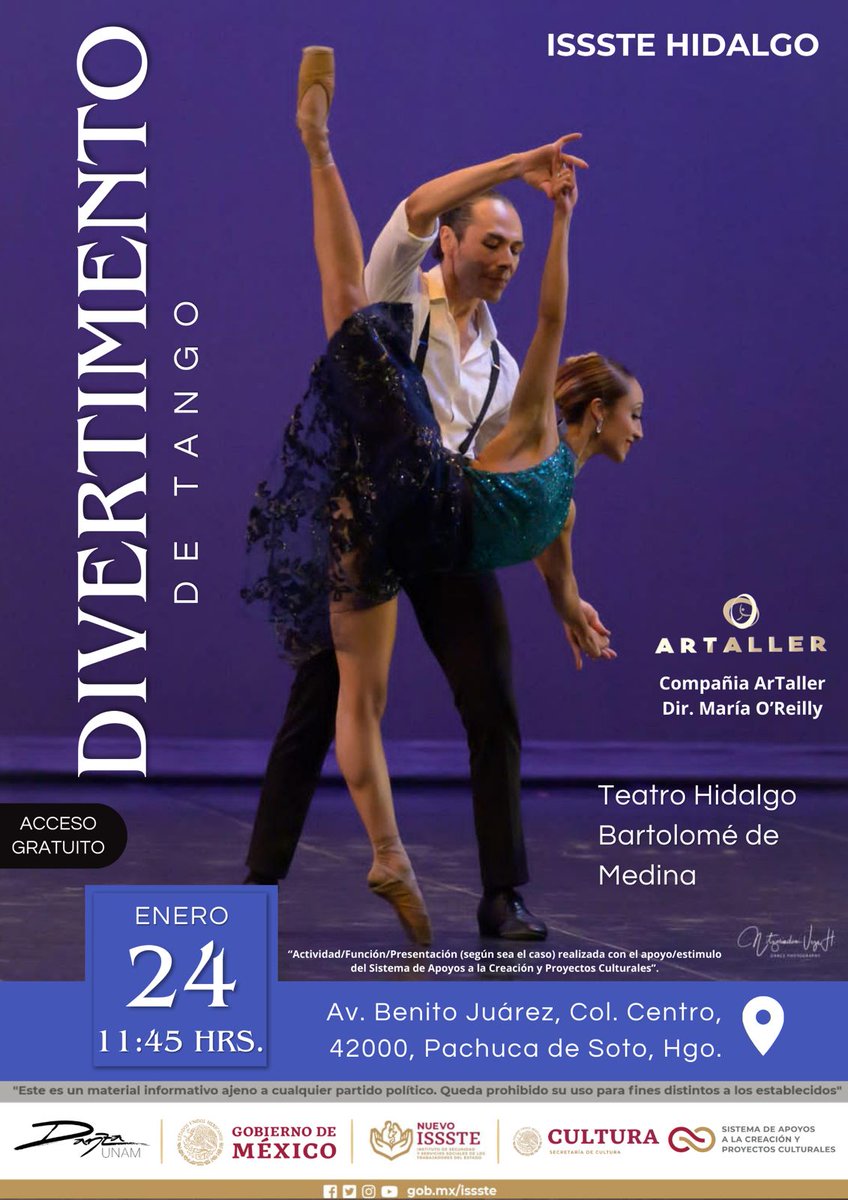 IsssteHidalgo's tweet photo. No te pierdas el espectáculo #DivertimentoDeTango el próximo 24 de enero a las 11:45 hrs en el teatro Hidalgo Bartolomé de Medina, el acceso es totalmente gratuito.

¡La Oficinas de Representación de @IsssteHidalgo invitan!

#NuevoIssste https://t.co/Gde5wctie9