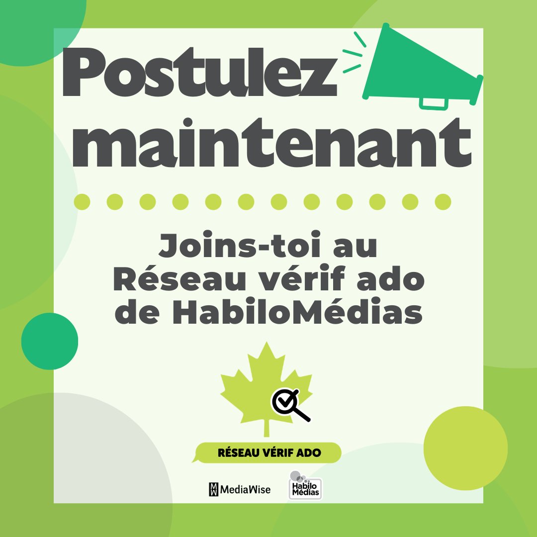 S.V.P. faire circuler! Le Réseau vérif ado de HabiloMédias est à la recherche de jeunes âgés de 13 à 18 ans qui sont mordus des médias et curieux du contenu présenté en ligne pour se joindre au réseau de jeunes vérificateurs! Postuler d’ici le 1er février. bit.ly/RVA-C