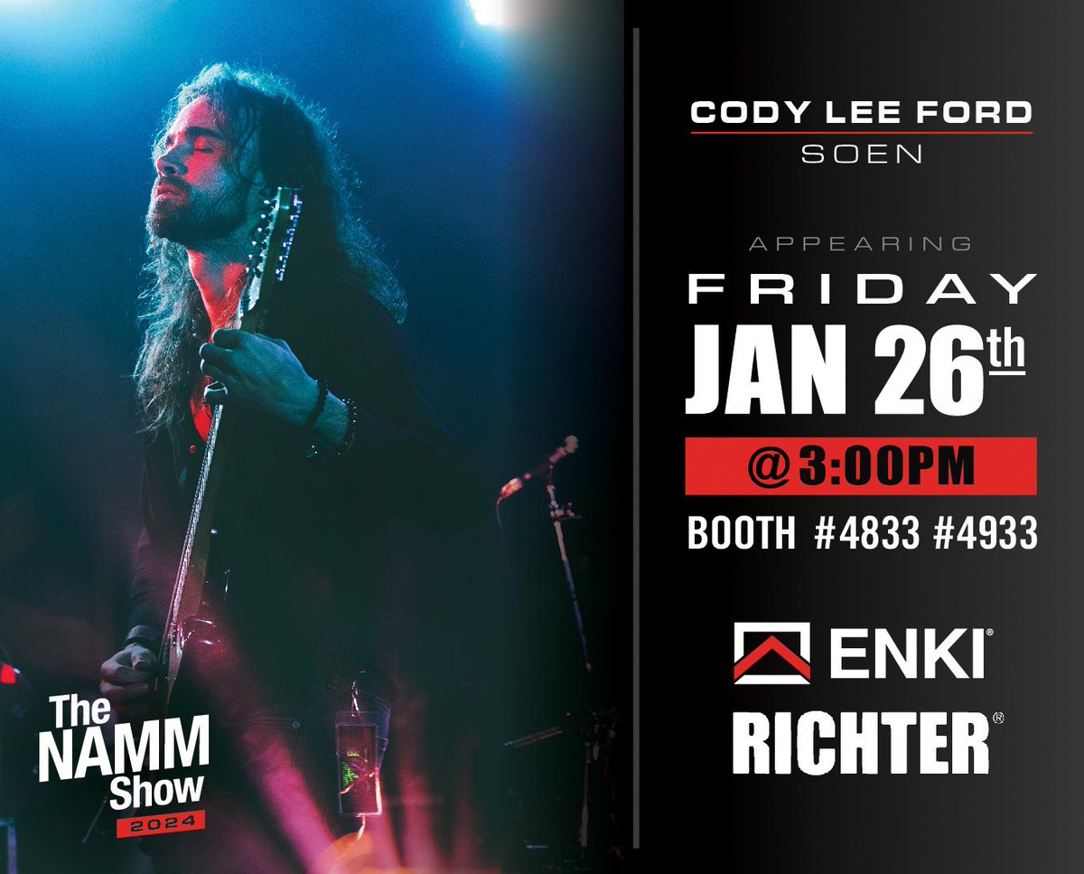 ENKIUSA's tweet photo. Meet + Greet | Signing Session with @CodyShreed from @soenmusic

👉🏼 Friday 26th
👉🏼 3:00 PM
👉🏼 Booth # 4833 - # 4933
👉🏼 @thenammshow 

#enkicases #richterstraps #NAMMShow #soen https://t.co/uQpr0sB3lz