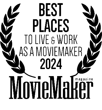 A laurel wreath surrounds text that reads "BEST PLACES TO LIVE & WORK AS A MOVIEMAKER 2024". The Movie Maker Magazine logo rests below it.