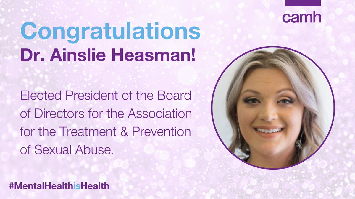 CAMH psychologist Dr. <a href="/AinslieHeasman/">Dr. Ainslie Heasman</a> has been elected to serve as #President of the Board of Directors for the Association for the Treatment &amp; Prevention of Sexual Abuse (ATSA)!

The ATSA aims to end sexual violence through championing #research, #treatment and public policy.
