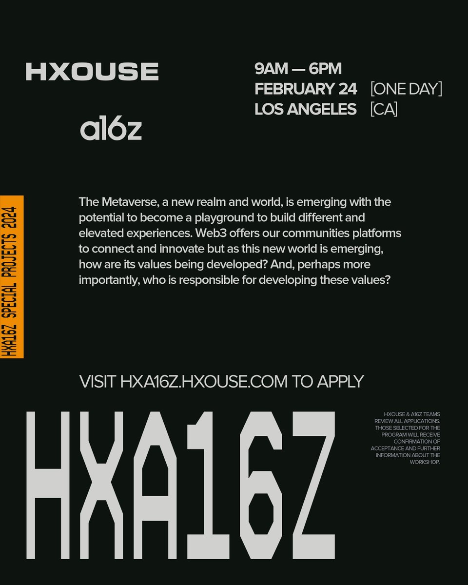 Join HXOUSE Labs and @a16zclf on Saturday, February 24th, from 9AM - 6PM in Los Angeles, CA, for a one-day workshop that brings together industry experts and entrepreneurs from the a16z network. Visit the link in bio to learn more!