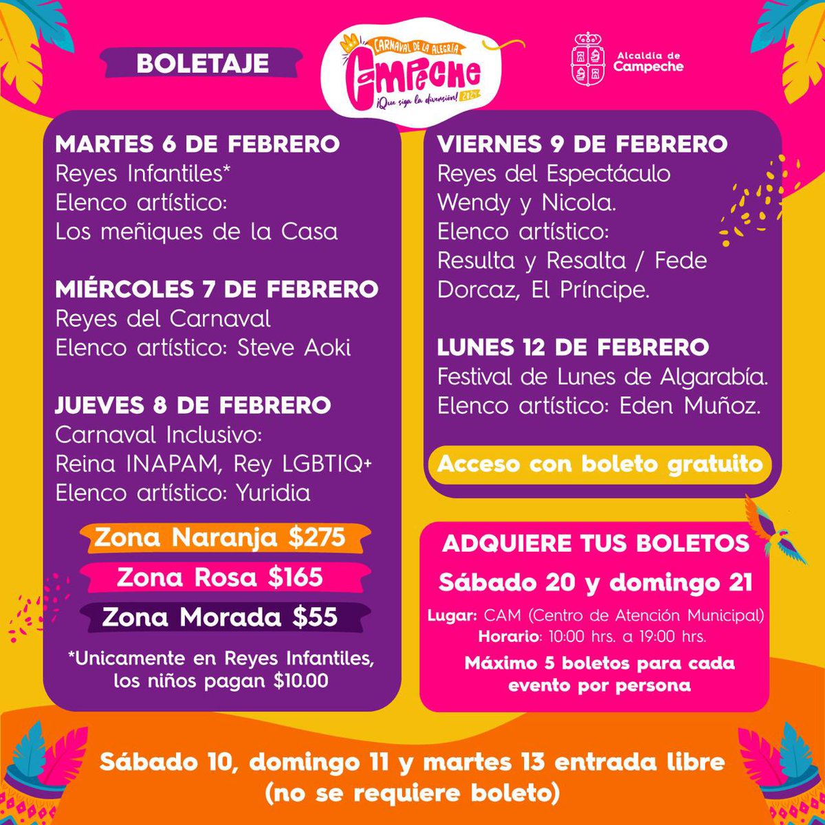 El día de mañana da inicio la venta de boletos para las noches del foro de nuestro Carnaval de la Alegría 2024 🎭

Te compartimos la información de los boletos 👇🏼

Campeche #CapitalAmable 🧡