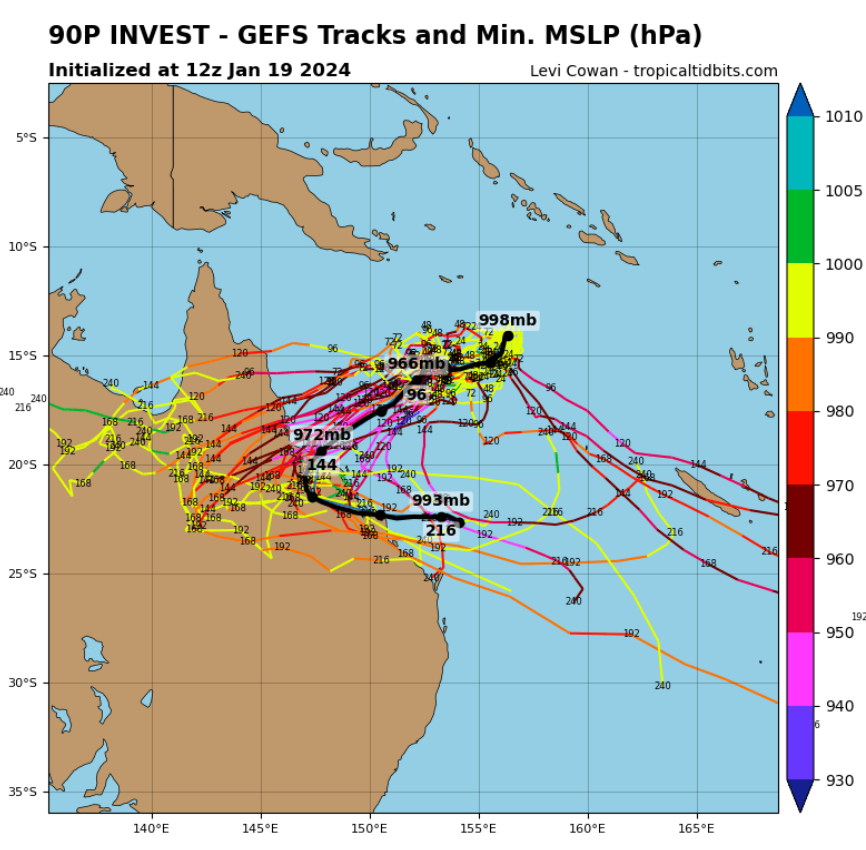 TomSaundersABC's tweet photo. The risk of a cyclone making landfall on the #Queensland coast next week has increased significantly following overnight model updates.

Below GFS ensemble tracks and EC strike probability (Friday) https://t.co/PUuqGFb7yd