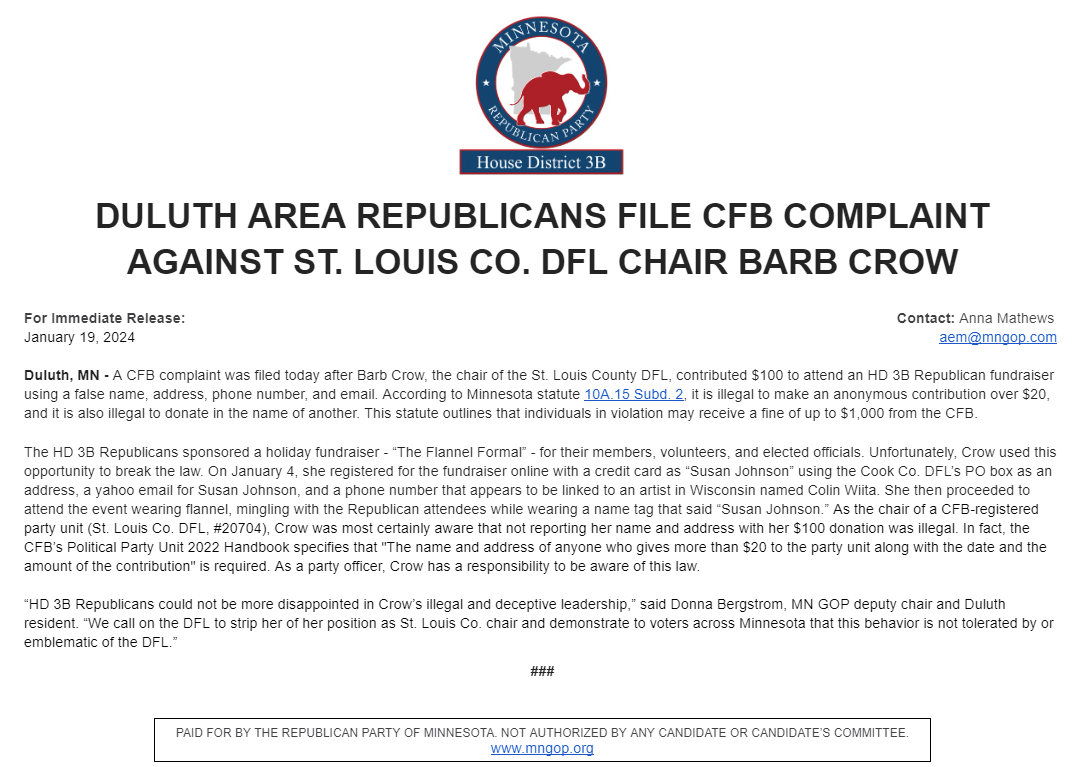 A CFB complaint was filed today against St. Louis County @MinnesotaDFL Chair Barb Crow for illegally contributing to a Republican Party unit: