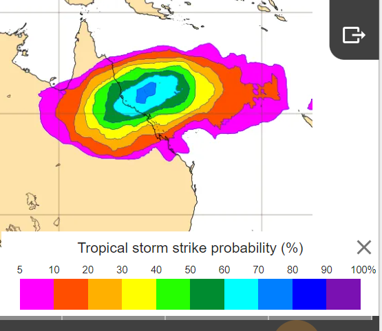 TomSaundersABC's tweet photo. The risk of a cyclone making landfall on the #Queensland coast next week has increased significantly following overnight model updates.

Below GFS ensemble tracks and EC strike probability (Friday) https://t.co/PUuqGFb7yd