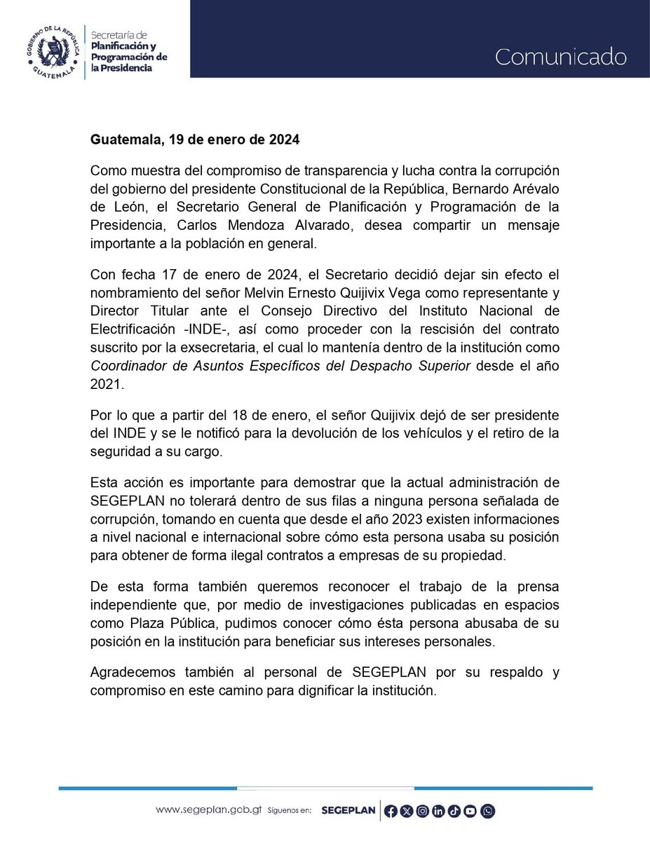 lanegrisgt's tweet photo. AHORA @GuatemalaGob destituye al expresidente del INDE Melvin Quijivix a quien EEUU sancionó como actor corrupto. https://t.co/T4fA6E2Fls