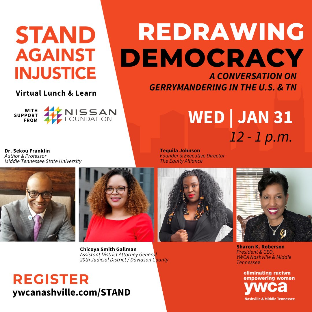 Join us for our first #StandAgainstInjustice webinar of 2024! Our outstanding panelists including experts & leaders from @MTSU, @NAACPNashville, and @EquityAlliance1 . They'll discuss gerrymandering in TN and the U.S. Register for this FREE event here: bit.ly/3H6IchC