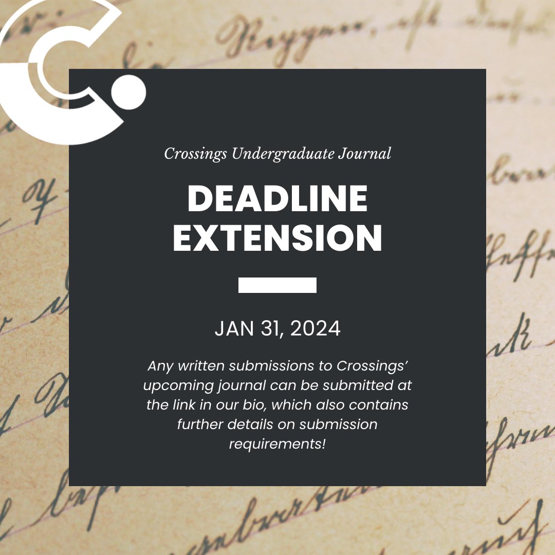 Crossings_uofa's tweet photo. Still want to get your work published but didn’t get the chance to submit? Good news! Crossings Undergraduate Journal is still accepting written submissions until Jan 31, 2024. More details in the link in our bio, or head to https://t.co/R8lQfmiEEE to learn more. https://t.co/8xZAx6MI7f