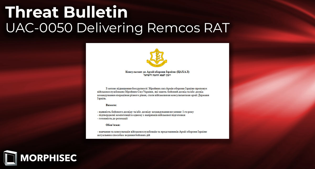 Threat Bulletin 📌 Morphisec prevented a Remcos RAT delivered by Threat Actor UAC-0050. The Ukraine CERT published an advisory about this attack, targeting the Ukraine Armed Forces. Morphisec customers are protected against this threat. Learn more: bit.ly/424fO9I