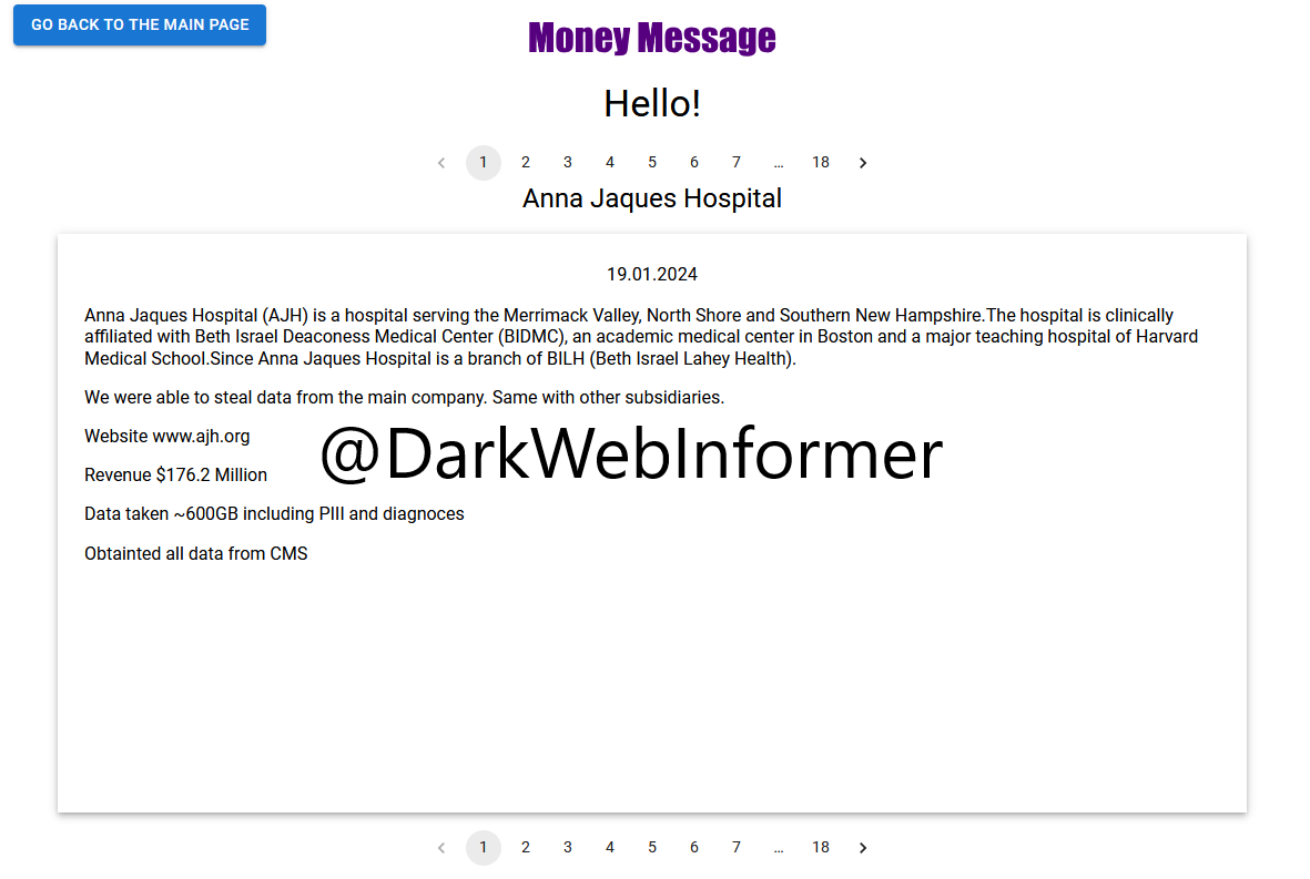 DarkWebInformer's tweet photo. Allegedly, #MoneyMessage has named a new victim.
Country: #USA
Threat Actor: Money Message
Ransomware Victim: Anna Jaques Hospital @AnnaJaques
Data Stolen: 600GB
Price: Unknown
Date: 2024-01-19
#Ransomware #StopRansomware #DarkWeb #DarkWebInformer #Leaks #Leaked #Cyberattack https://t.co/LqUSTgRY4J