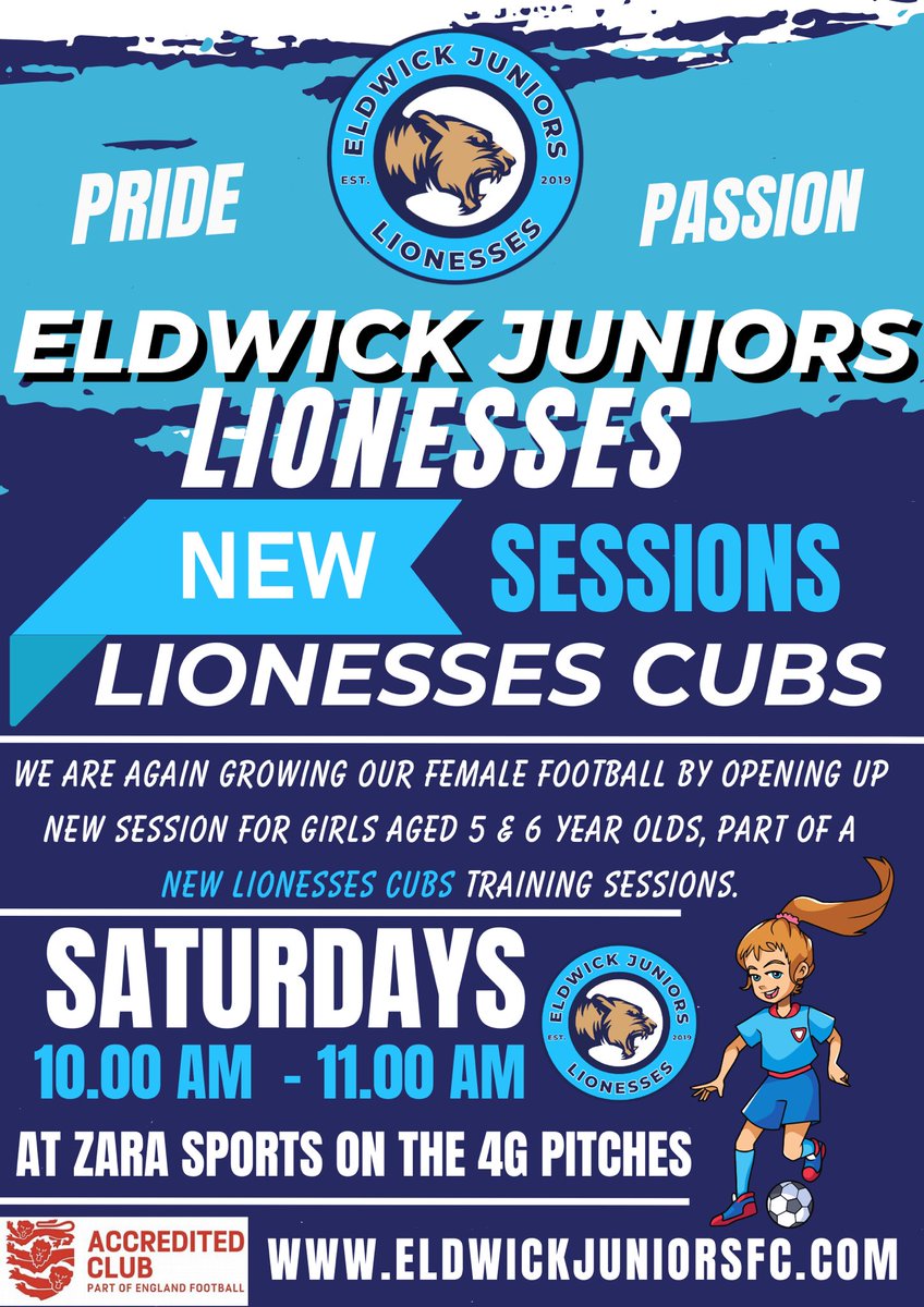 We offer sessions reception and Year 1 girls only sessions with our Lionesses Cubs. Please get in touch if you would like your daughter to come along to one of our sessions. This sessions are looked after by West Riding county FA Coach of Year for 2022 - Jamie Holland. 🦁