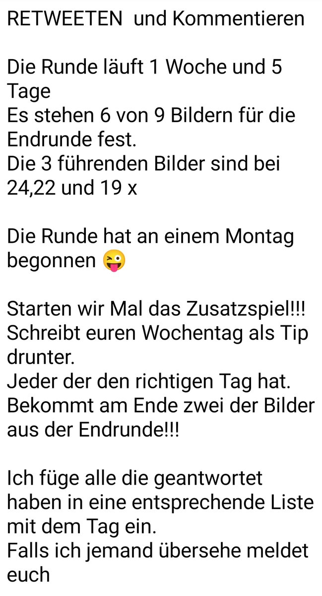 Retweeten und Kommentieren

Da muss ich wohl doch schnell das Zusatzspiel starten 

Nicht das die Runde schneller endet als gedacht 😜