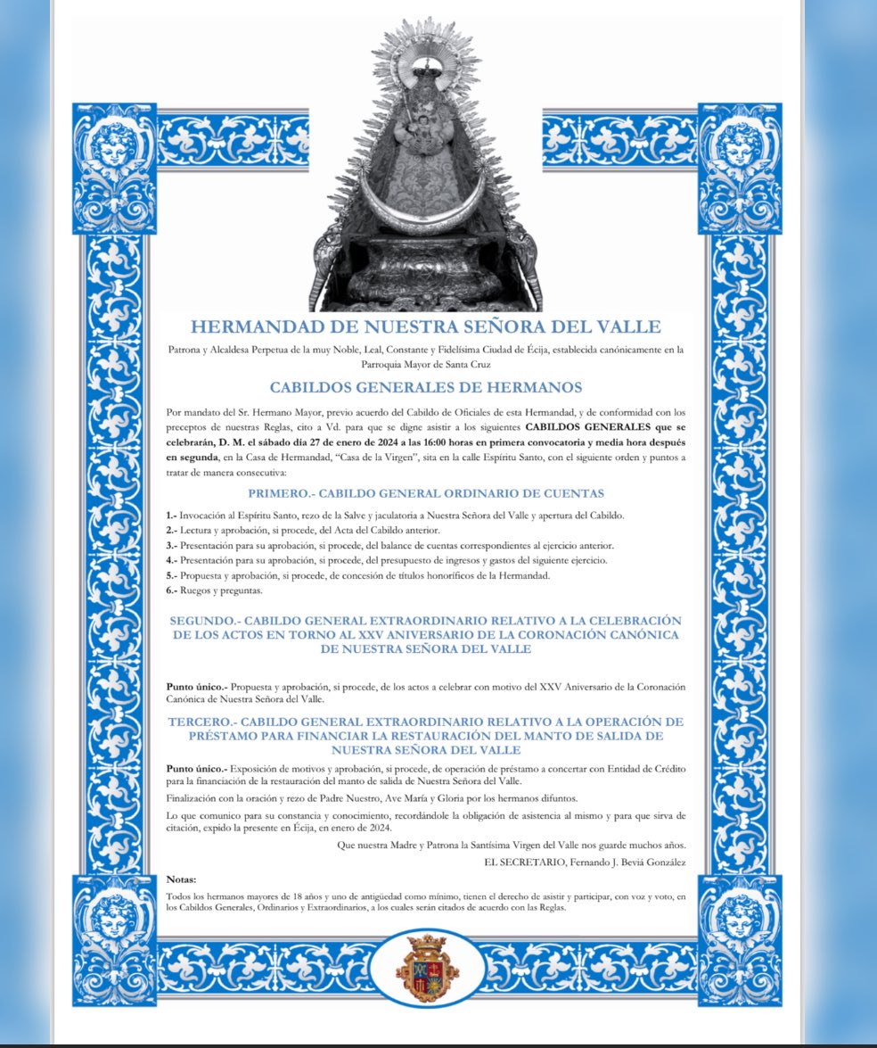 HdadVVallecija's tweet photo. CONVOCATORIA/Cabildo General de Hermanos https://t.co/5m3WGIPljI