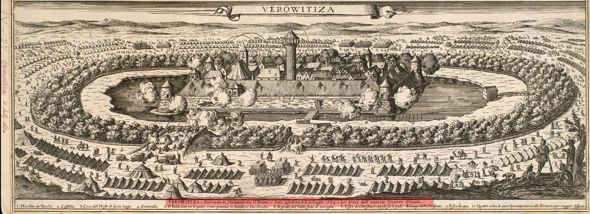 Siege of Virovitica
View of the bombardment of Virovitica on 11July 1684 by the Imperial Croatian army led by Viceroy N. Erdödy and General J.Leslie resulting in the capitulation of the town.
Town had been under the control of the Ottoman Empire since 1552
militarymaps.rct.uk/ottoman-habsbu…