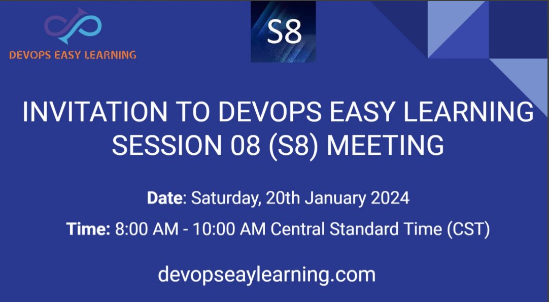 devopseasylearn's tweet image. Join us for DevOps Easy Learning Session 8! on Saturday, January 20th, 8-10 AM CST/ 3-5PM GMT
Join Zoom Meeting Link
us06web.zoom.us/j/5805253460?p…
Meeting ID: 580 525 3460
Passcode: linux
#DevOpsLearning #TechEvent #devopseasylearn #Tech #naijaTech