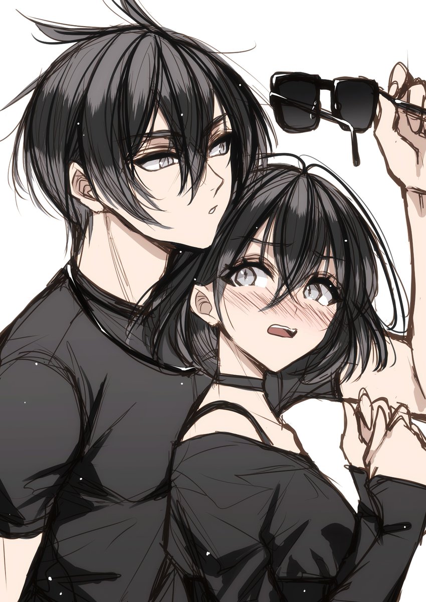 1girl 1boy blush holding eyewear holding black hair black shirt  illustration images