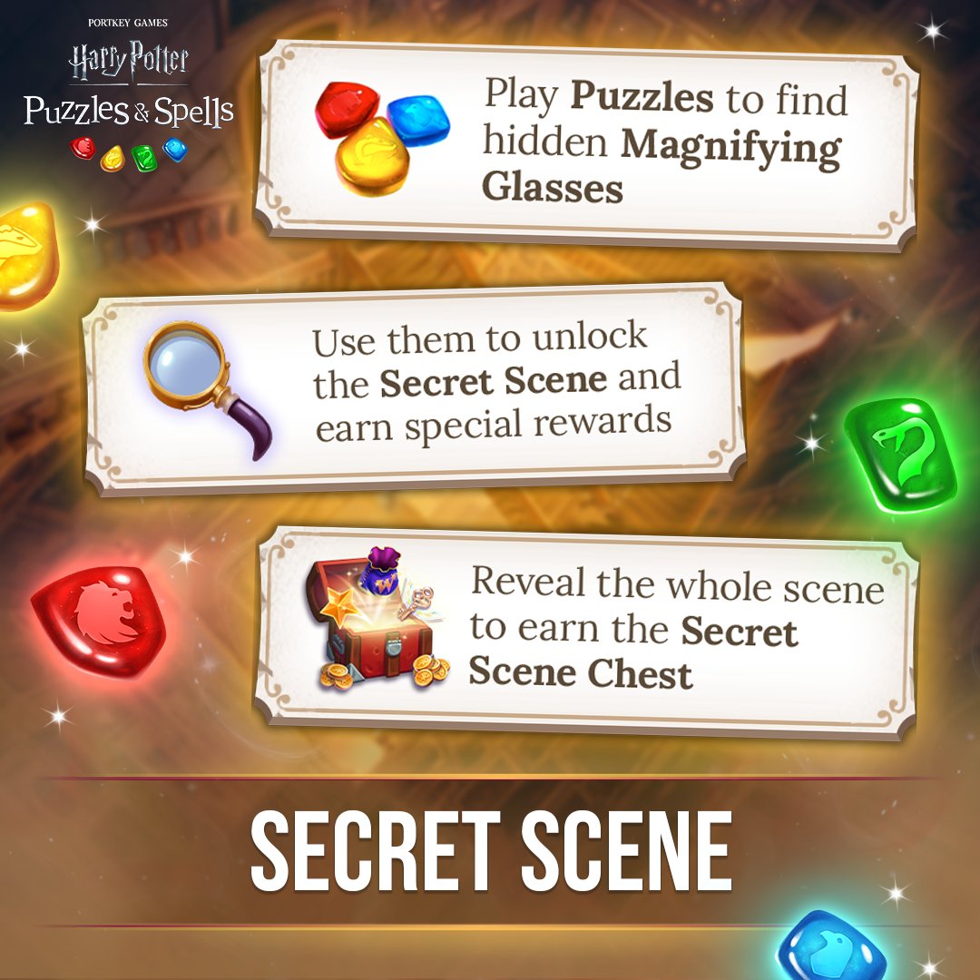 HPPuzzlesSpells's tweet photo. If you are new to Secret Scene here is everything you need to know! Find Magnifying Glasses while completing your puzzles to redeem for rewards and work toward unveiling the Secret Scene! Play now ➡️ https://t.co/QgE8mjsCFw
#HarryPotter #PuzzlesAndSpells #SecretScene https://t.co/UztW5KG86E