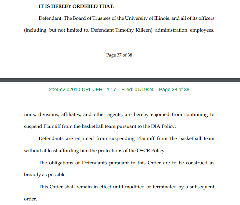 BretBeherns's tweet photo. BREAKING: Terrence Shannon Jr. has been granted his TRO by Judge Colleen Lawless in his civil suit against the University of Illinois:

"Defendants are enjoined from suspending Plaintiff from the basketball team without at least affording him the protections of the OSCR policy" https://t.co/iJ44HYc0AS