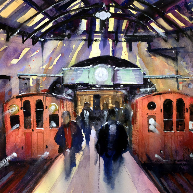 Copland road Glasgow subway c.1950s. Watercolour. Travelling on the old subway as a child was always so exciting. I can remember it well,.The smells...oh the smells...and the noise. This painting will feature in my 2024"Studio Sale" on martinoates.co.uk