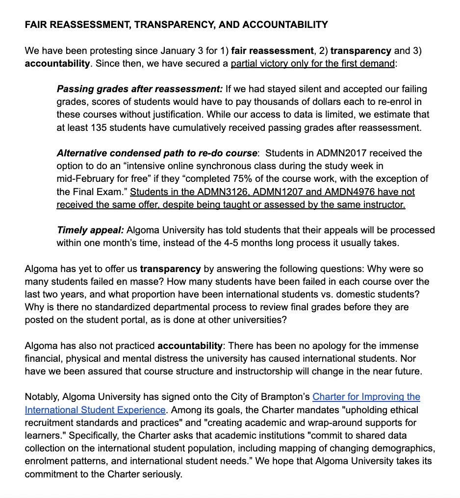 NSNPeel's tweet photo. BREAKING: @AlgomaU students in one class receive the option to do a week-long condensed version of their course for free. Students in the 3 other classes call for the same option.
MUST-READ: the official statement by the Algoma International Students' Committeeš #Stand4Students https://t.co/2iytARUl4N