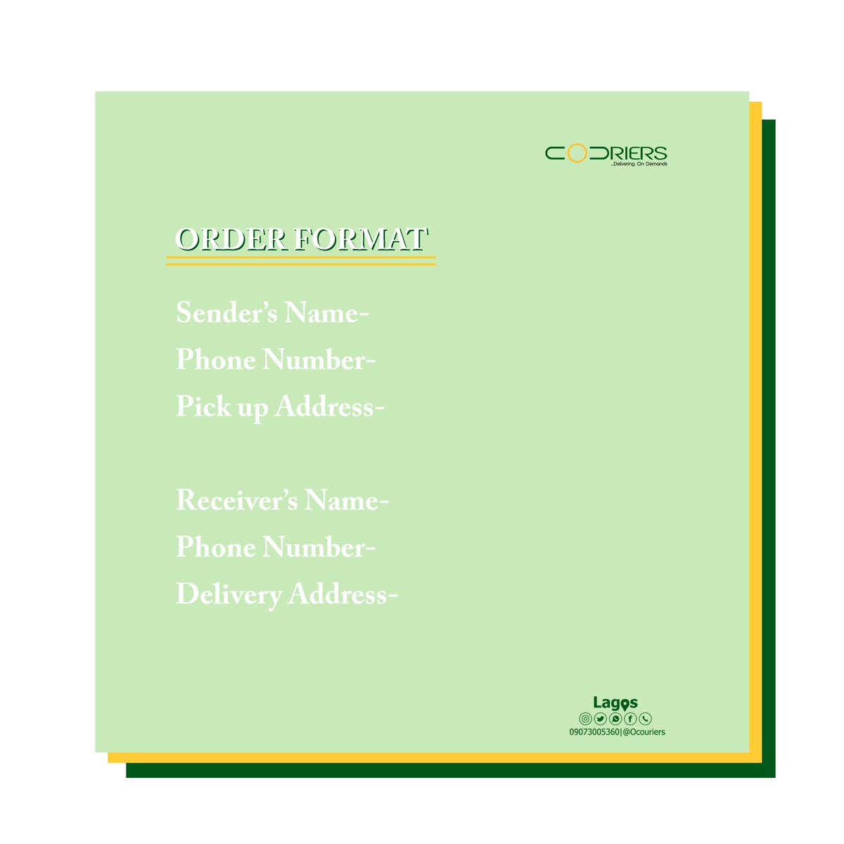 OCouriers1's tweet photo. Hello guys,Incase you are sending an order to us,kindly make use of this format to help us track your Deliveries/orders Effectively...Thank You #Ocouriers #LagosDispatch 🚚💨 https://t.co/33ijSBFyDl