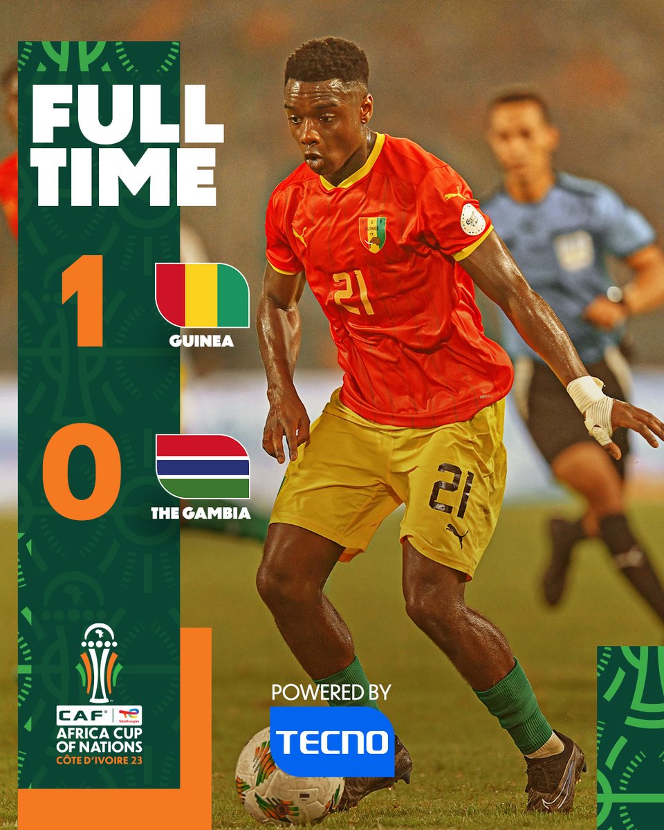 CAF_Online's tweet photo. ⌚️ FULL-TIME! 

Guinea breaks the deadlock with one goal to win today’s 3 points against The Gambia! ⚡️

#TotalEnergiesAFCON2023 | #GUIGAM https://t.co/YGsAQCIN9J