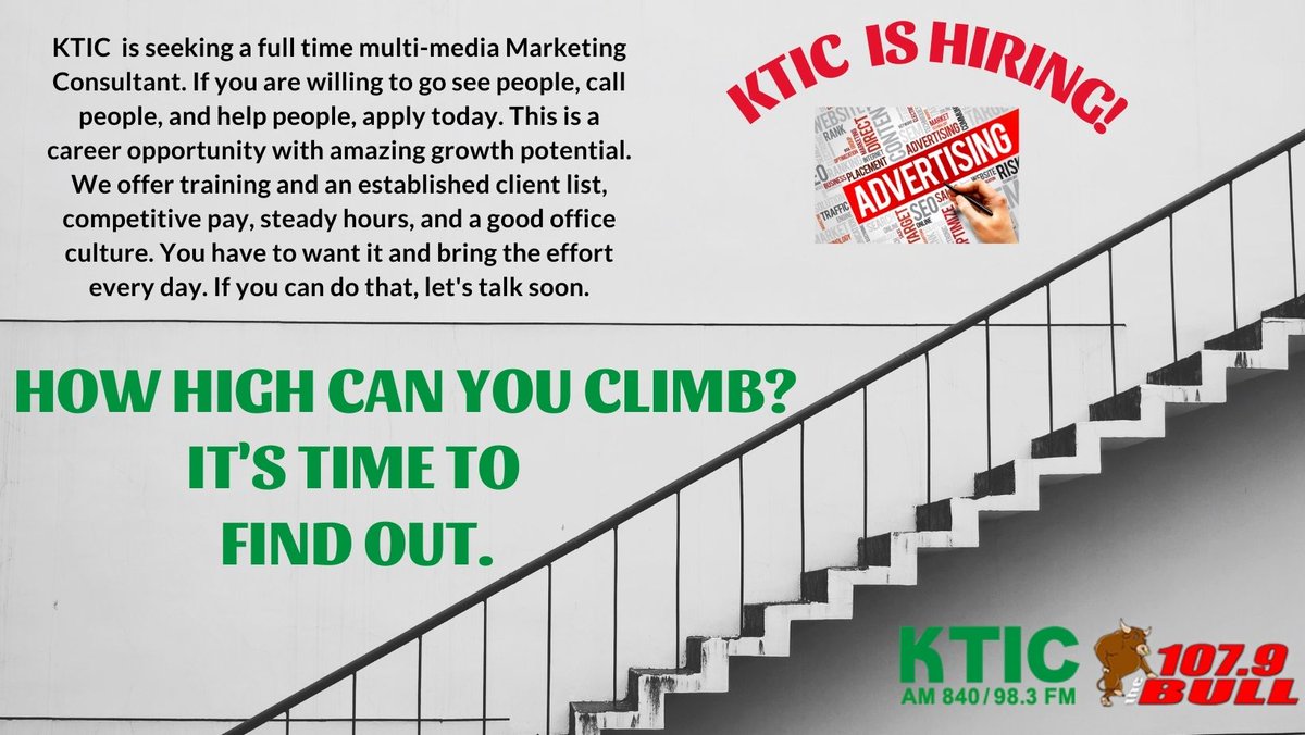 1079 The Bull/840 KTIC (@bullktic) on Twitter photo KTIC and 107.9 The Bull are looking for a dynamic self-starter to join our marketing team. We are in need of a good communicator that is quick on their feet. A willingness to sell sports broadcasts is crucial. Send your resume to jformanek@ruralradio.com KTIC and 107.9 The Bull are looking for a dynamic self-starter to join our marketing team. We are in need of a good communicator that is quick on their feet. A willingness to sell sports broadcasts is crucial. Send your resume to jformanek@ruralradio.com