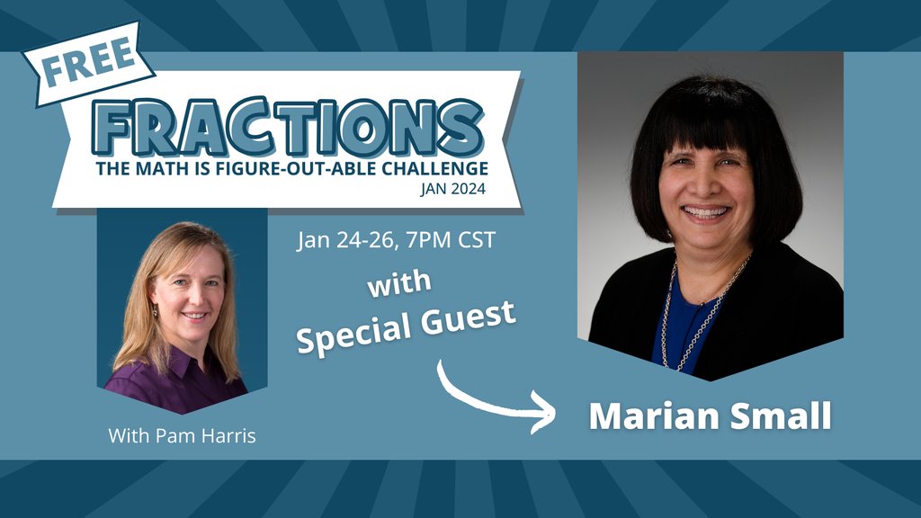 Marian Small will be my guest in our challenge next week.

She has an "Open Question of the Week" worth checking out at onetwoinfinity.ca

Sign up for fraction learning at mathisfigureoutable.com/change

#MathIsFigureOutAble #MathChat #MTBoS #ITeachMath #MathEd #Mathematics