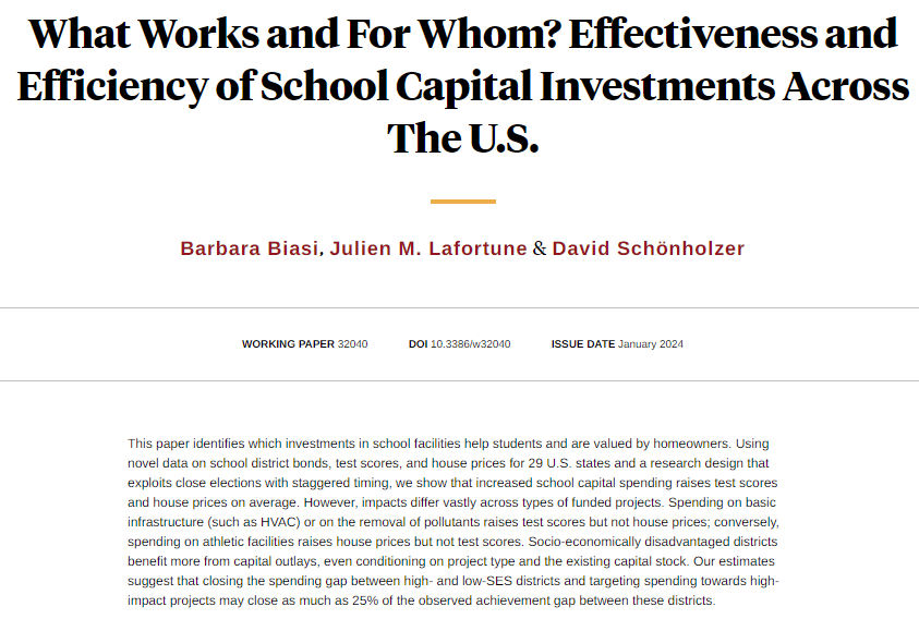 The impact of school capital investments on test scores and house prices depends on what projects are funded and on the characteristics of districts that receive the investments, from @BarbaraBiasi, Julien M. Lafortune, and @davidfromterra nber.org/papers/w32040