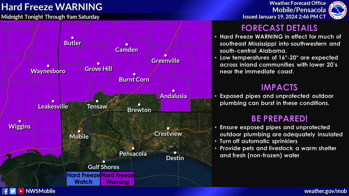 A Hard Freeze Warning is in effect for interior areas tonight, and a Wind Chill Advisory is also in effect for interior areas tonight. In addition, a Hard Freeze Warning is in effect for Saturday night for all but the immediate coastal sections.