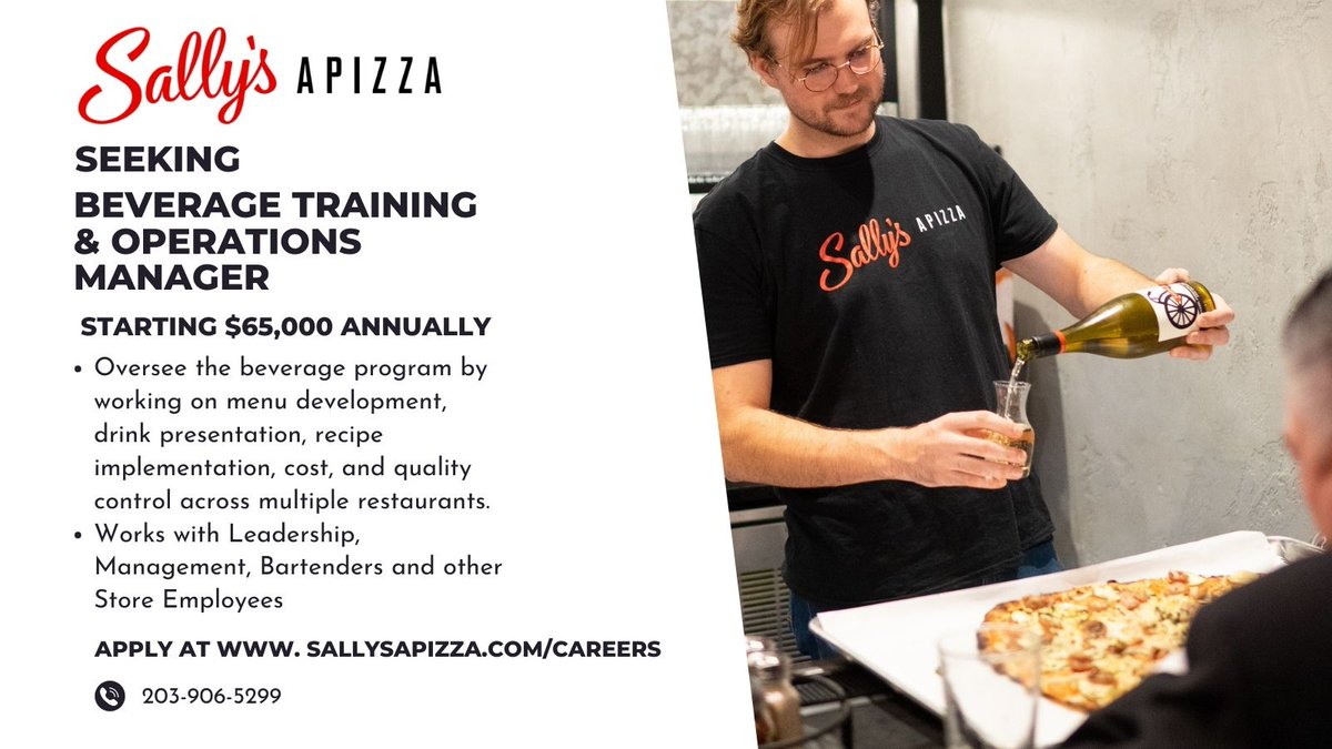 Sally's Apizza is looking for a Beverage Training & Operations Manager for their growing locations in CT & MA. Apply on our Indeed listings indeed.com/cmp/Sally's-Ap… #beveragemanager #restuarant #Connecticut #apizza #sallysapizza #pizza #restaurant #bartender #ctjobs