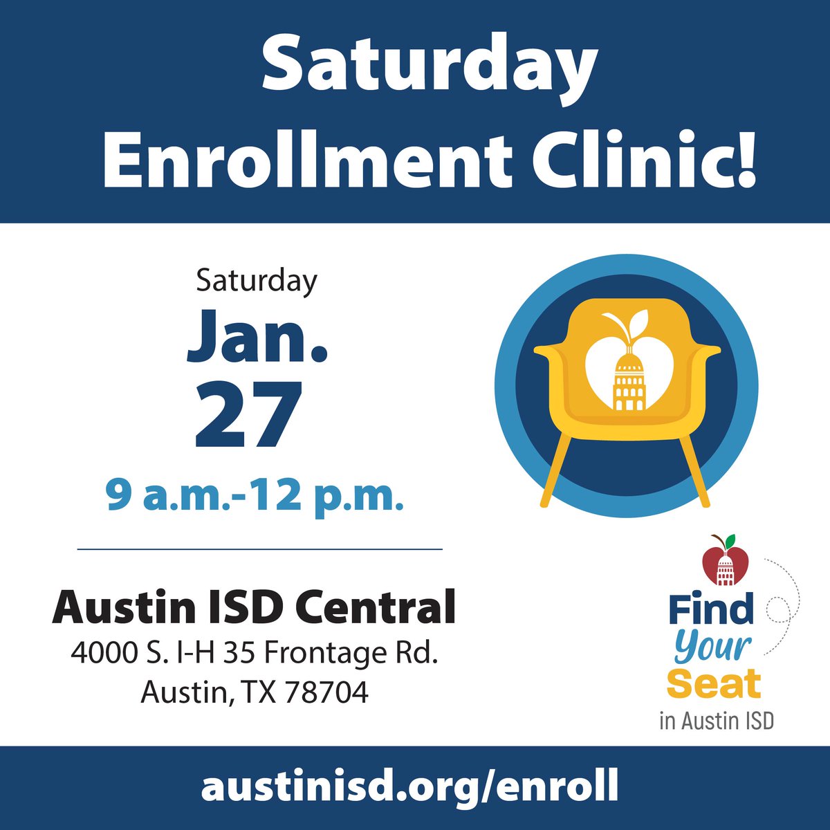 Join us at our upcoming Enrollment Clinic!

We'll have staff on-site to help you through the registration process.

🏫 Austin ISD Central Office
📍 4000 S. I-H 35 Frontage Rd., Austin, TX 78704
🗓️Jan 27
🕘 9 a.m. - 12 p.m.

Priority Registration closes on Feb. 6. Don't miss out!