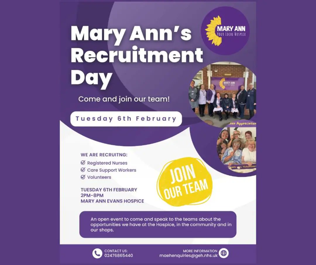 🌻Mary Ann Evans Hospice Recruitment Day🌻
Are you passionate about making a difference?
We have roles in our clinical teams as well as volunteering opportunities at the Hospice, in the community and in our 8 shops. 
📆 6th February 
🕑 2pm - 8pm
📍Mary Ann Evans Hospice CV10 7QL
