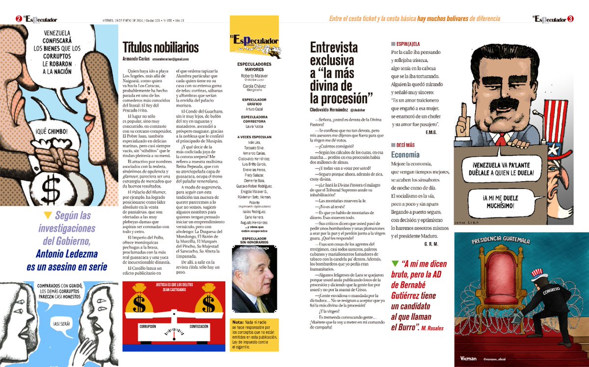 Presentamos la portada y las páginas 2 y 3 de El Especulador precoz Número 655

Entre el cesta ticket y la cesta básica hay muchos bolívares de diferencia

Aclic completo: acortar.link/QxP7wN