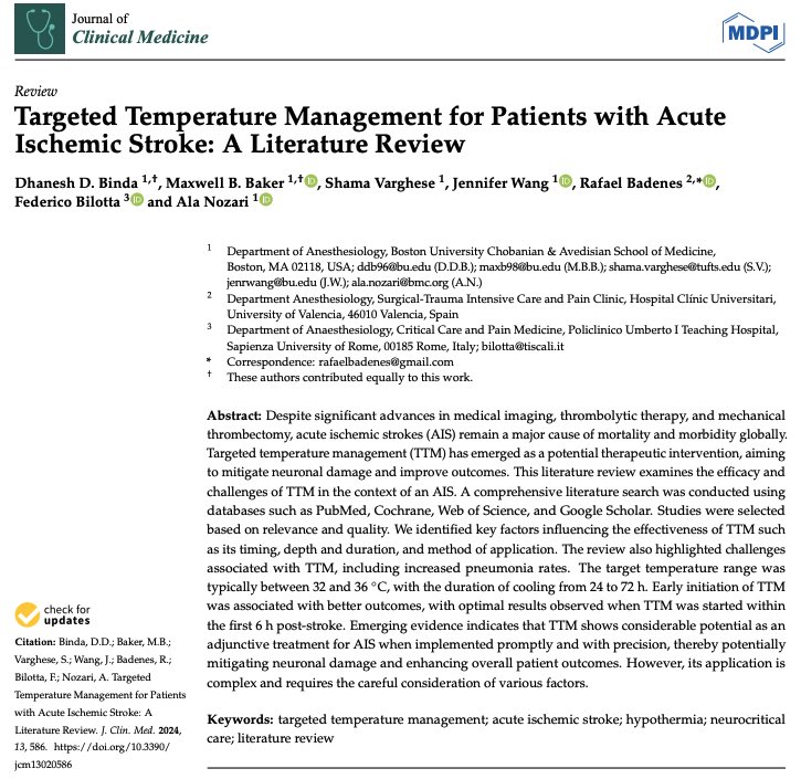 Our review on targeted temperature management for patients with acute ischemic stroke is now published in @MDPIOpenAccess! We identified key factors influencing the effectiveness of TTM such as its timing, depth and duration, and method of application. mdpi.com/2077-0383/13/2…