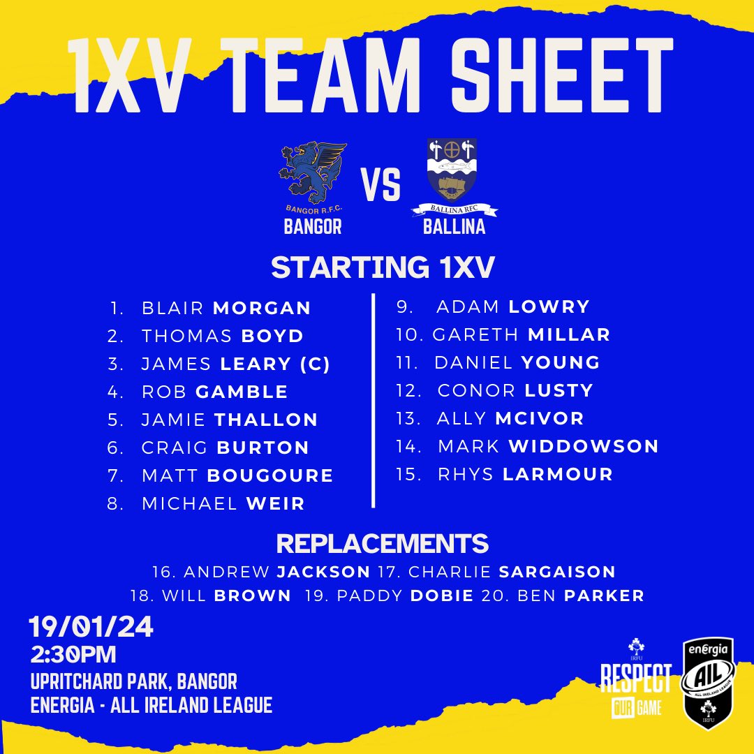 BangorRFC's tweet photo. SUPER SATURDAYS👇🏼

3 senior teams out tomorrow means 3 team sheets of players ready to go!💪💛💙

Please come and support our players whether it’s home or away, we’d love to see you for a brilliant day of rugby! Good luck to all 3 teams for tomorrow afternoon!#BGUTHB https://t.co/zf9xW0U64C