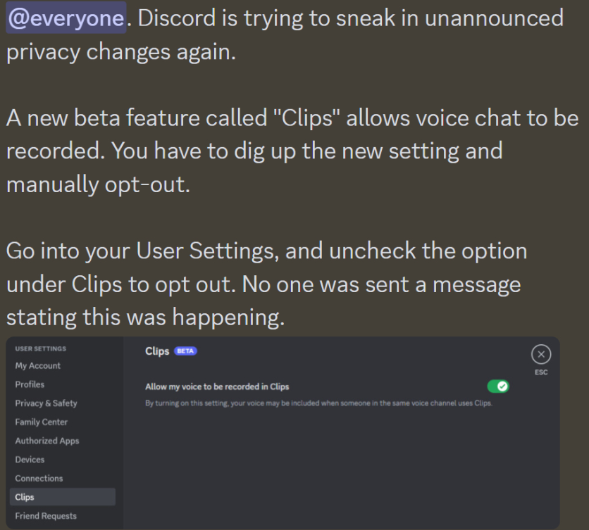 Headsup for everyone do not tolerate Discord's Bullshit. Disable this in your own preferences immediately.