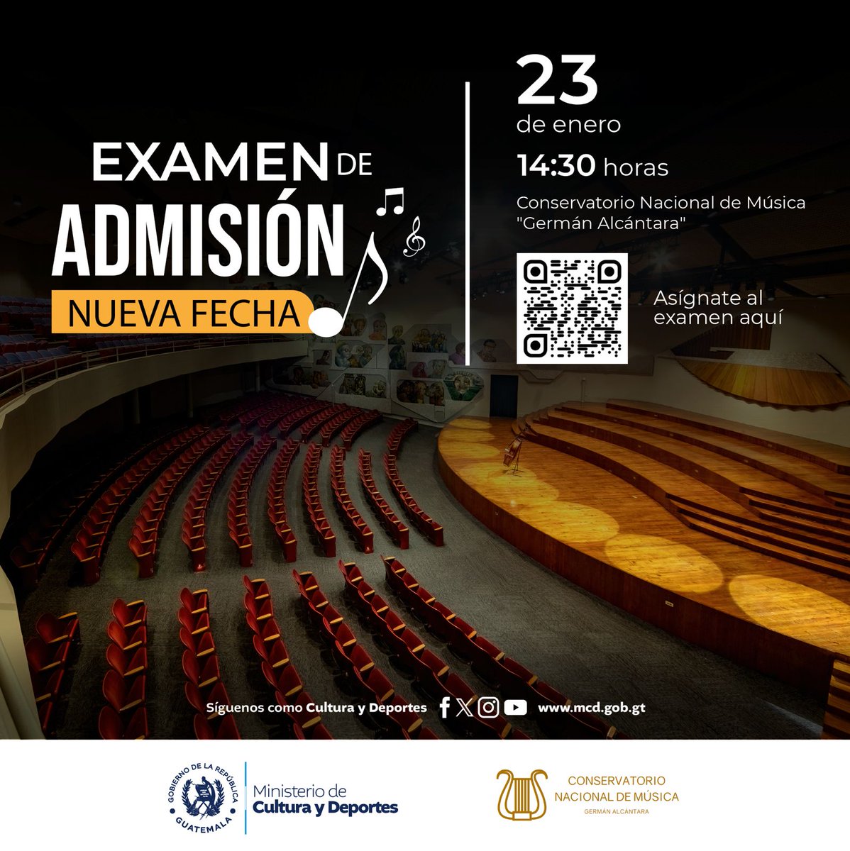 formarteGT's tweet photo. ¡Nueva fecha!
Ven este 23 de enero y haz tu examen de admisión para ser parte del Conservatorio Nacional de Música "Germán Alcántara" en 2024. Más información aquí ⬇️

#3milAñosRiquezaCulturalGT #CulturaMotorDesarrolloGT #GuatemalaAvanza #FormarteGT https://t.co/A2a8Jmoi6L