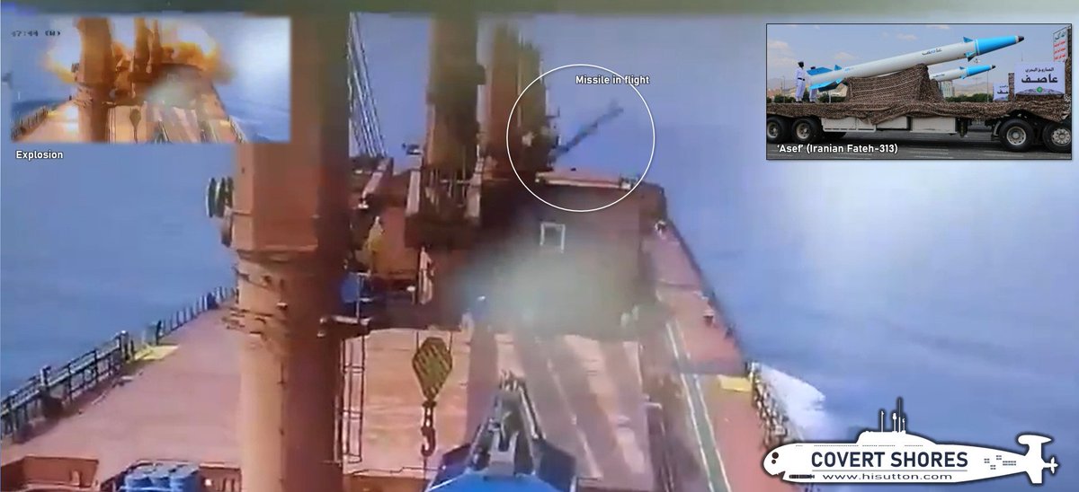 ****UPDATE*** Here-> hisutton.com/Iranian-Houthi… First image of Iranian / Houthi Anti-Ship Ballistic Missile (ASBM) in action. Hit Zografia on Jan 16 Most likely an 'Asef' (Iranian: Fateh-313). Note how it hits almost exactly in the center of the ship. The ship was empty #OSINT