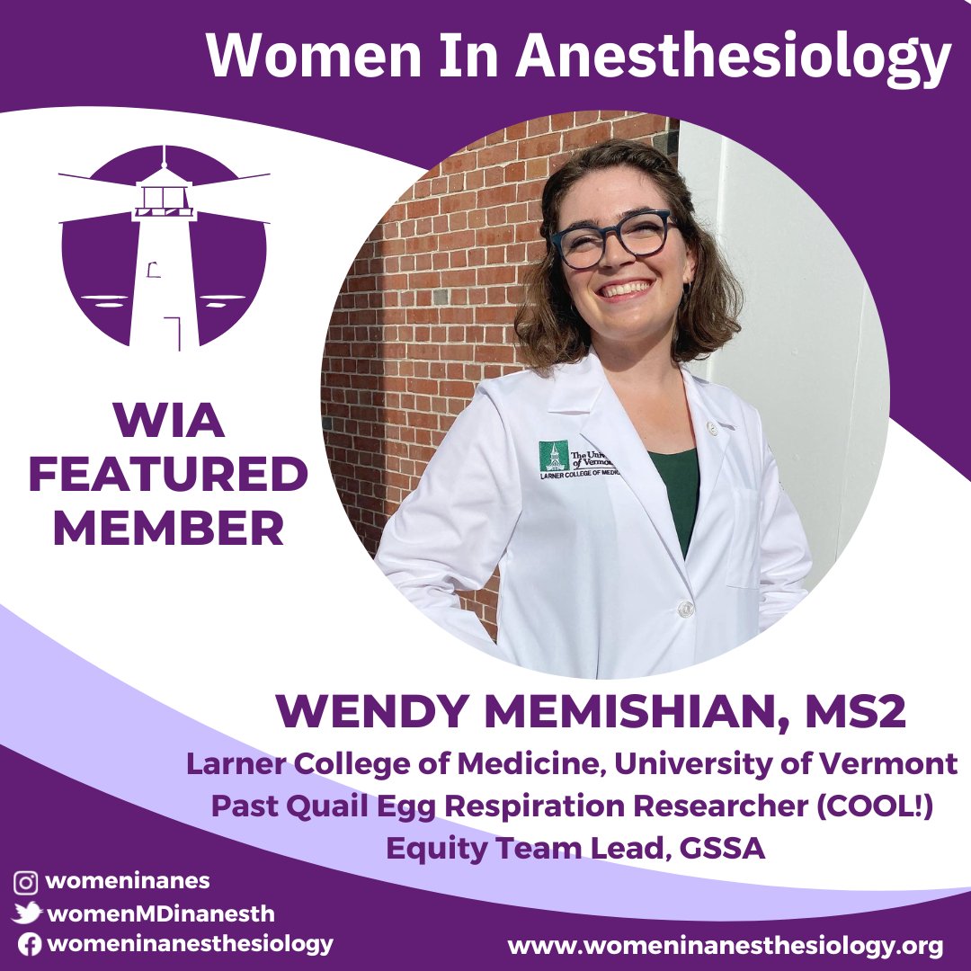 @WendyMemishian does cool research - resp physio in quail eggs and cerebral autoregulation in preeclampsia! Currently an MS2 at @UVMLarnerMed, she is the @gsurgstudents Equity Team Lead and is proud of her work in social justice + equity at UVM and nationwide. 

#MedStudentMonday