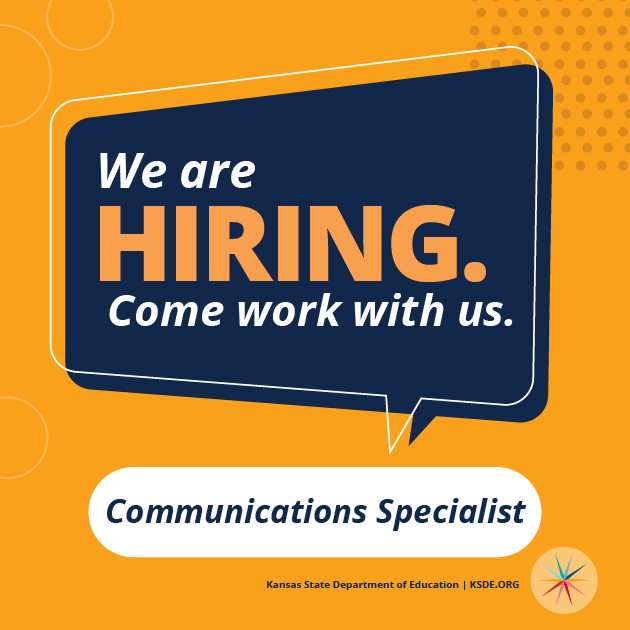 ksdehq's tweet photo. We’re hiring!

The Kansas State Department of Education’s Communications and Recognition Programs team is seeking a communications specialist.

If you’re interested in writing and reporting on education, apply today! For details, visit: https://t.co/UuXWfB0sio https://t.co/uV6anQqoX7
