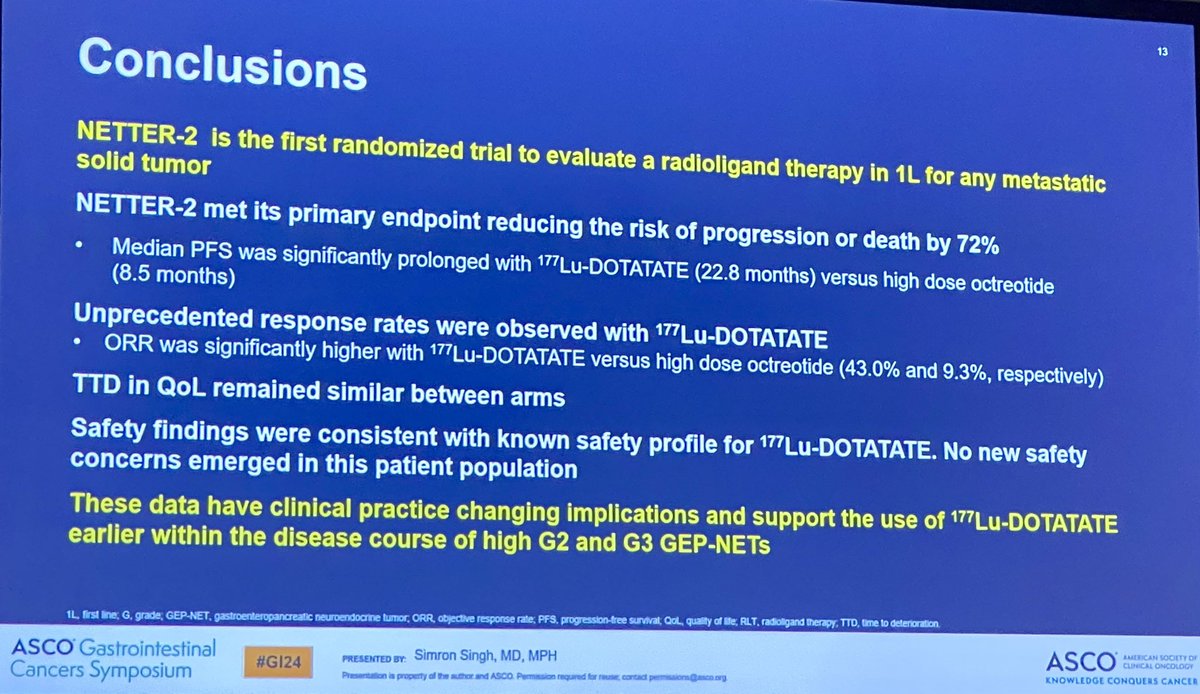 Very exciting data for advanced #neuroendocrine tumors using radio pharmacological agent Lu-Dotatate as 1st line therapy in a large RCT demonstrating 👆PFS compared with SOC This is paradigm changing for our patients with GI/Pancreas NET 🙌🧡 #GI24 @ASCOPost @panoncology