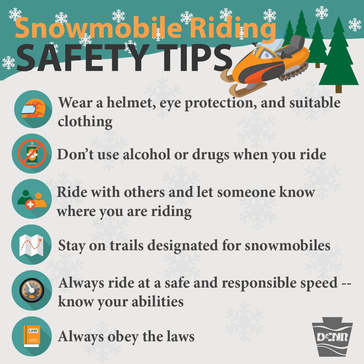 DCNRnews's tweet photo. Snowmobile riding can be a risky sport. Follow these tips to stay safe while you are snowmobiling. All riders on state land must wear a helmet – it’s the law! Learn about snowmobile riding, safety, training and reporting accidents ➡️ https://t.co/MFREhsW35U. #SnowmobileSafetyWeek https://t.co/NuVobaO4QT