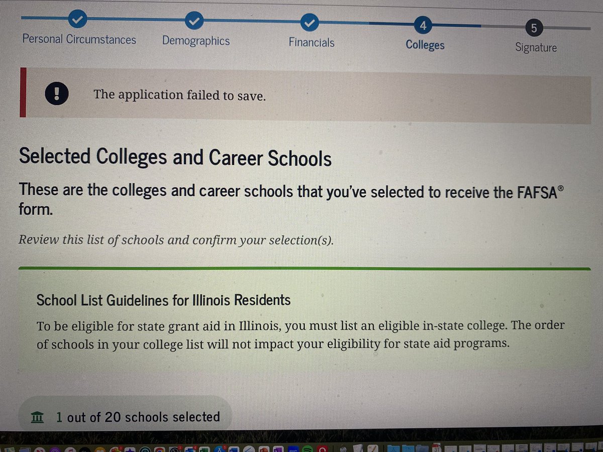 dannymaga's tweet photo. @FAFSA keep getting this error on every page, when I get to the end, won’t let me continue to sign. Tried signing out and back in, deleting and re starting, keep getting same error. What do I do ? https://t.co/AAxc6IC43x